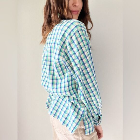 Vintage Plaid Floral Embroidered Button Down Long Sleeve Top Size Large - Picture 12 of 15